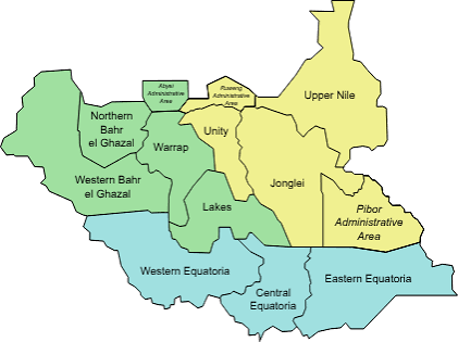 Map of South Sudan — Northern Bahr el Ghazal, Upper Nile, Unity, Warrap, Western Bahr el Ghazal, Jonglei, Lakes, Pibor Administrative Area, Western Equatoria, Eastern Equatoria, Central Equatoria